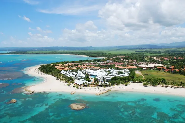 Aerial view of the white-sand Playa Dorada beach and resorts east of Puerto Plata