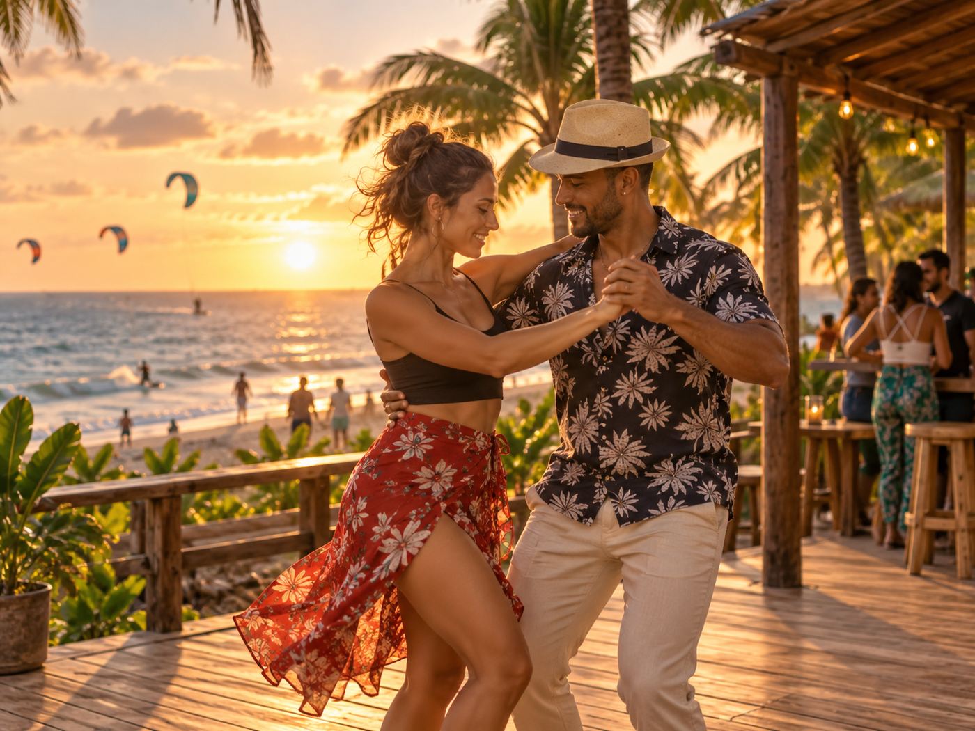 Pareja bailando bachata al atardecer frente a la playa