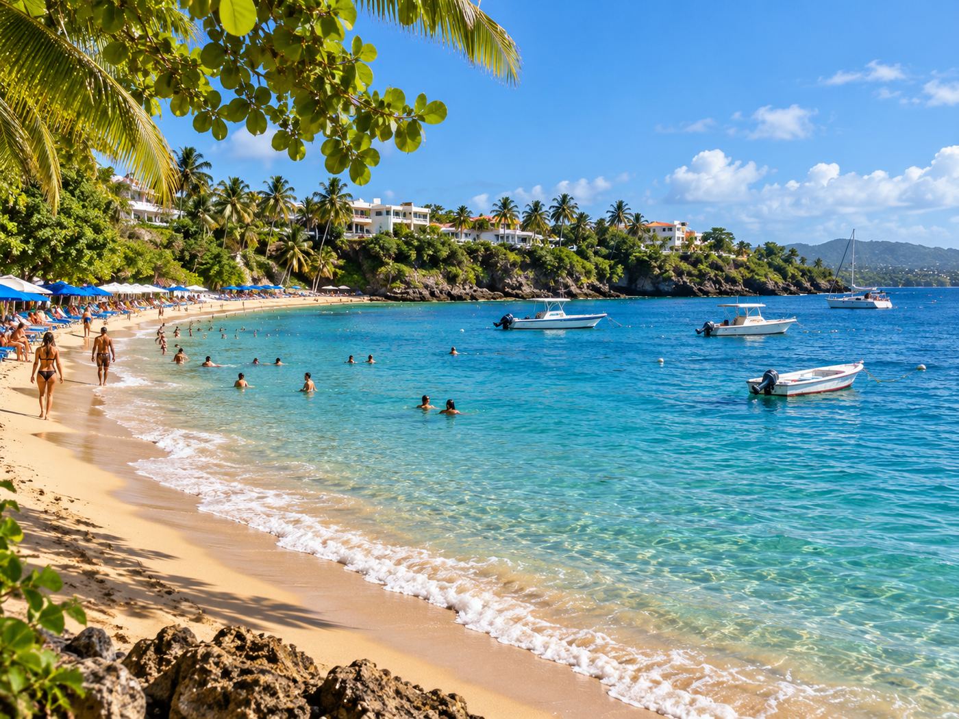 Playa caribeña de aguas turquesas y palmeras, costa norte de República Dominicana