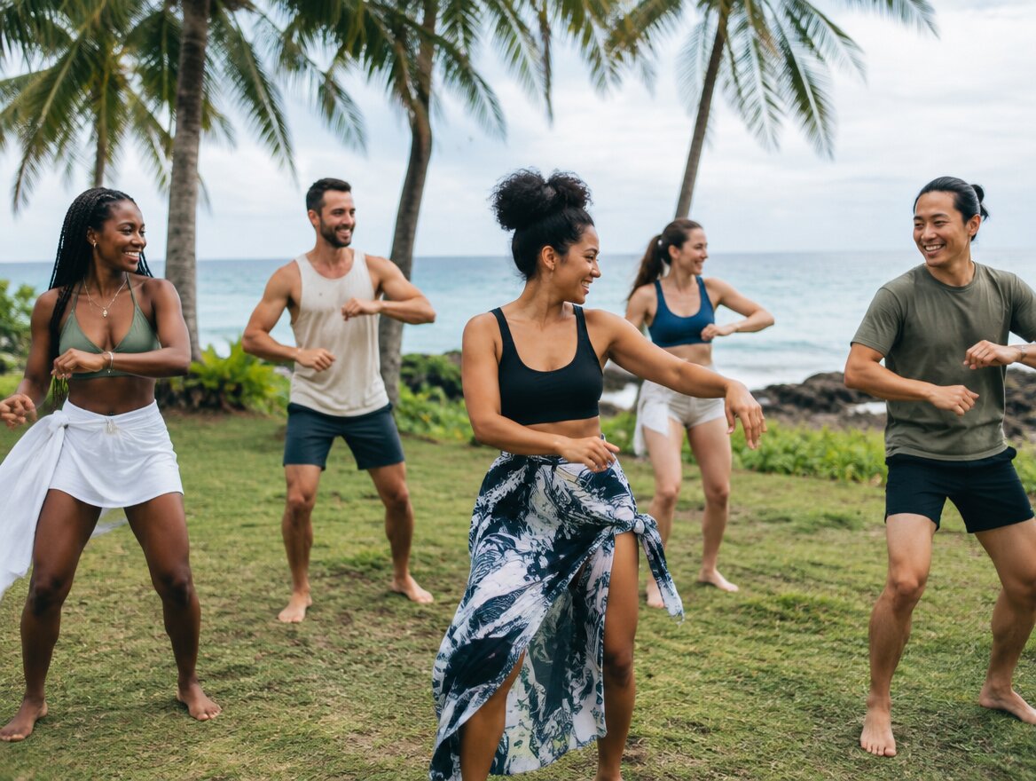 Grupo pequeño tomando una clase de baile al aire libre bajo palmeras en la costa norte dominicana