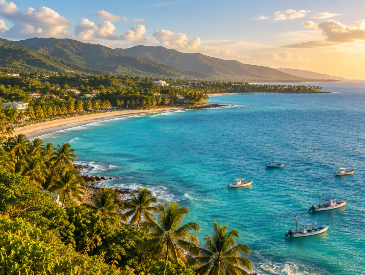 Vista panorámica de la costa norte de República Dominicana con mar turquesa y colinas verdes