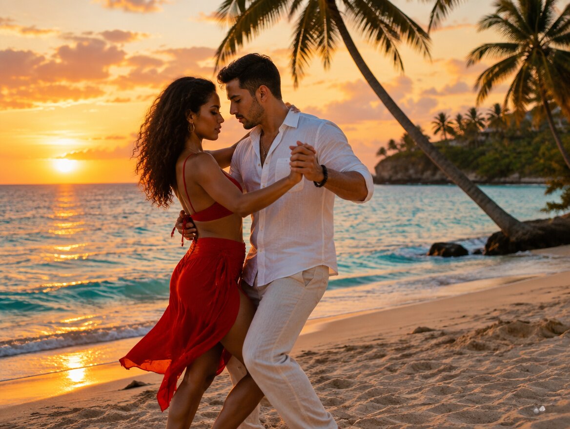 Pareja bailando bachata en una playa al atardecer en la costa norte de República Dominicana